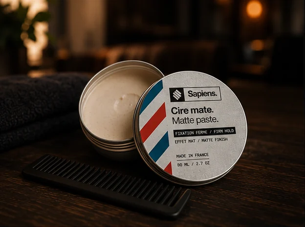 Pot de cire mate Sapiens ouvert sur un plan de travail en bois, à côté d'un peigne