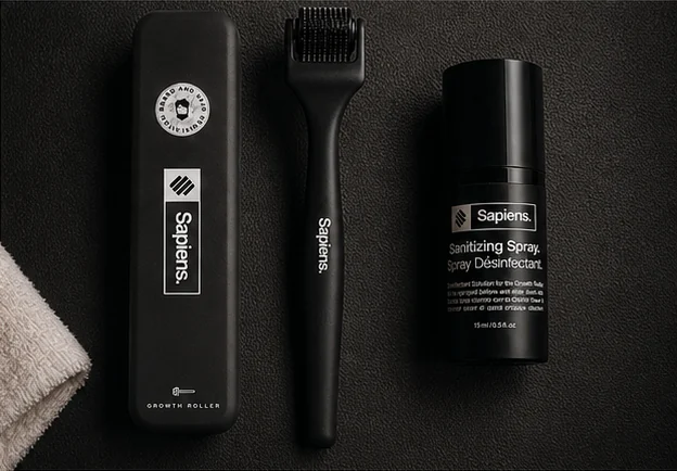 Dermaroller Sapiens, son étui et son spray désinfectant alignés sur du cuir noir